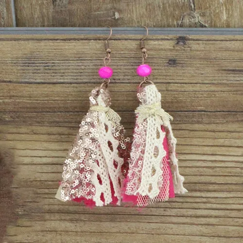 NEW ARRIVAL Pink fabric tassel earrings