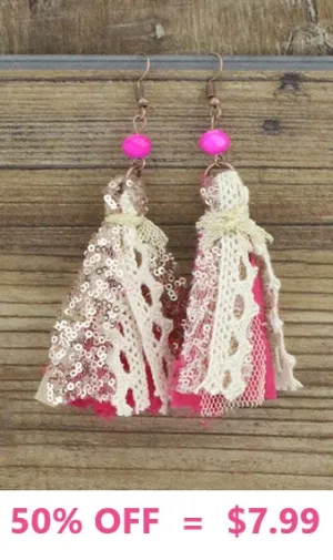 NEW ARRIVAL Pink fabric tassel earrings