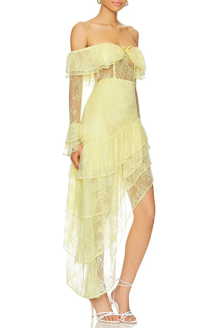 Off Shoulder Long Sleeve Flounce Mesh Patchwork Tiered Irregular Hem Garden Party Mini Dresses-Yellow