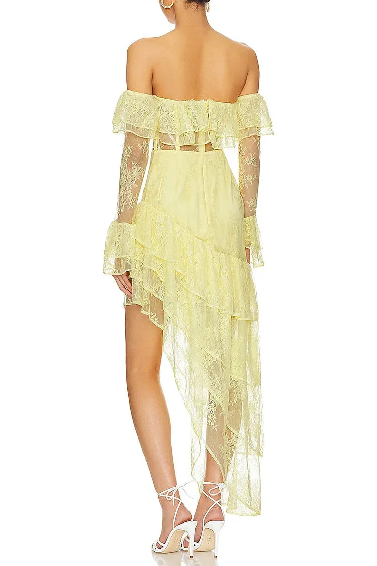 Off Shoulder Long Sleeve Flounce Mesh Patchwork Tiered Irregular Hem Garden Party Mini Dresses-Yellow