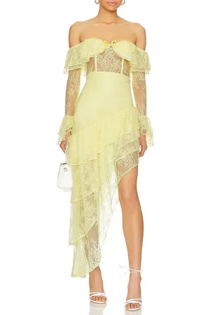 Off Shoulder Long Sleeve Flounce Mesh Patchwork Tiered Irregular Hem Garden Party Mini Dresses-Yellow