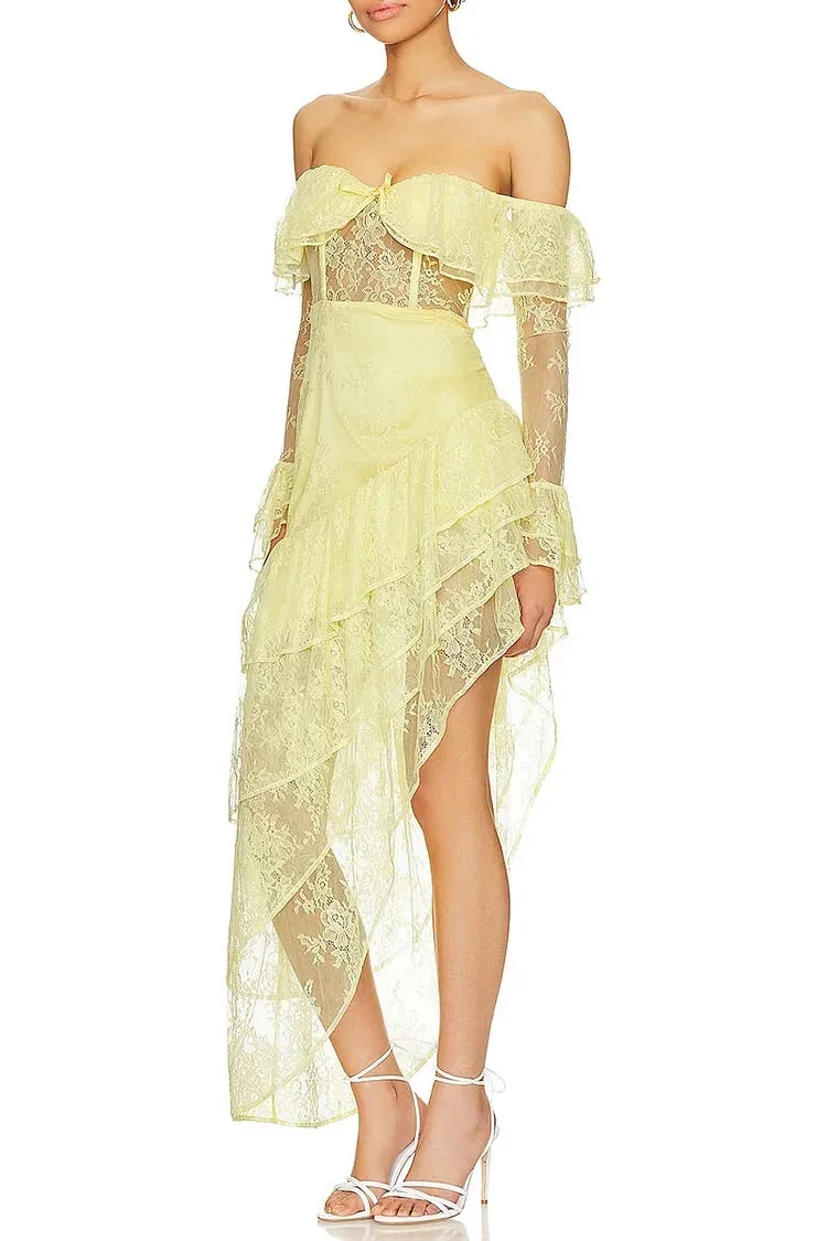 Off Shoulder Long Sleeve Flounce Mesh Patchwork Tiered Irregular Hem Garden Party Mini Dresses-Yellow