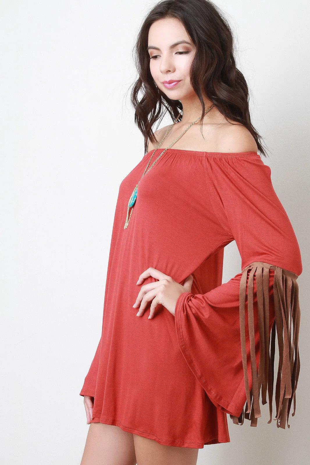 Off Shoulder Suede Contrast Fringe Long Bell Sleeves Top