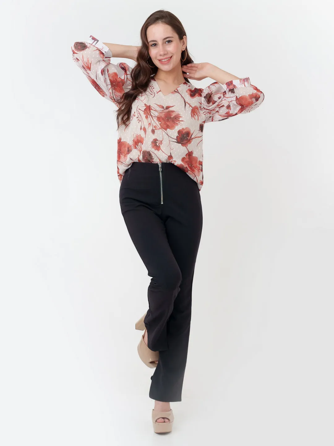 Off White Printed Puff Sleeve Top