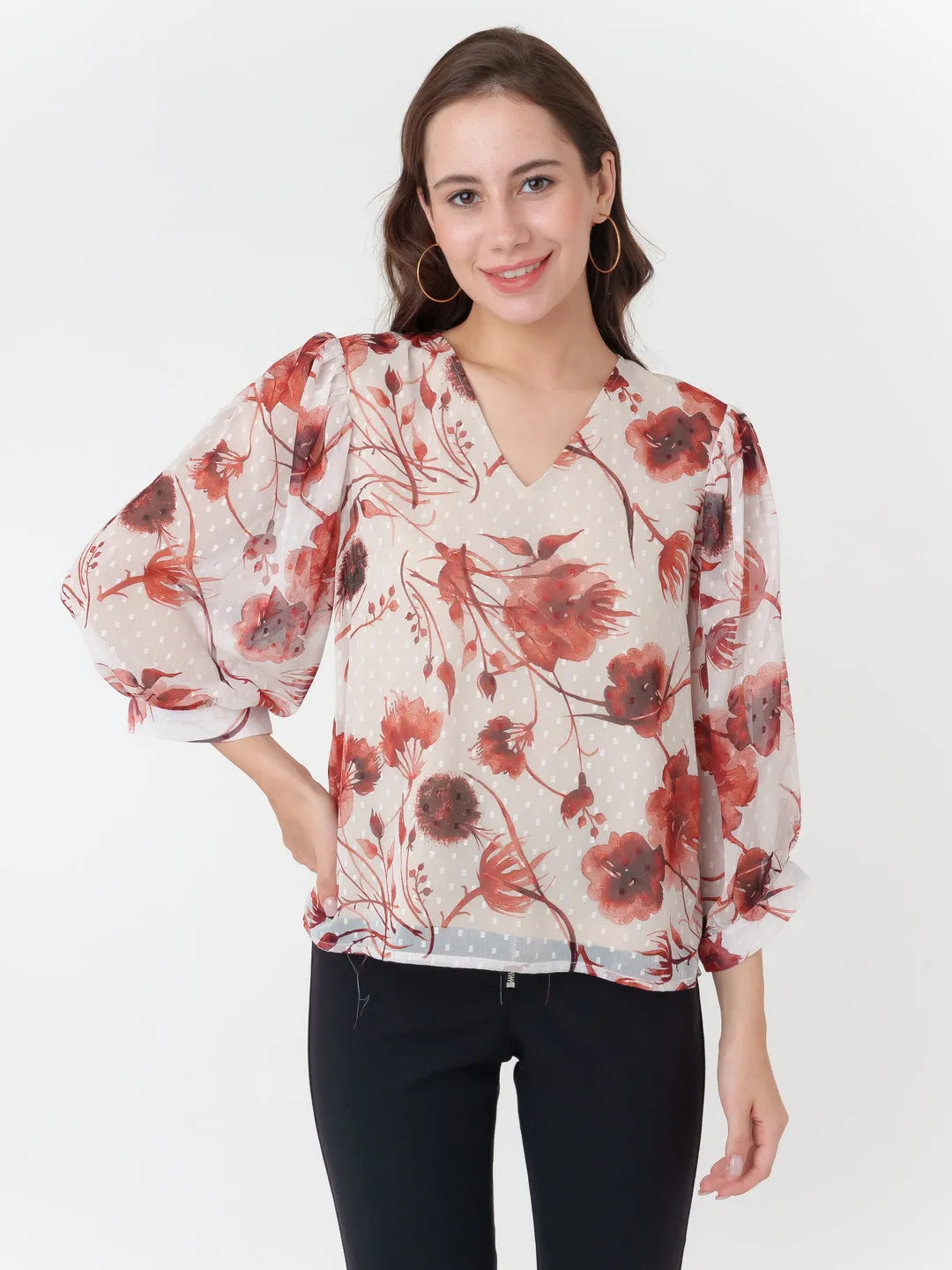 Off White Printed Puff Sleeve Top