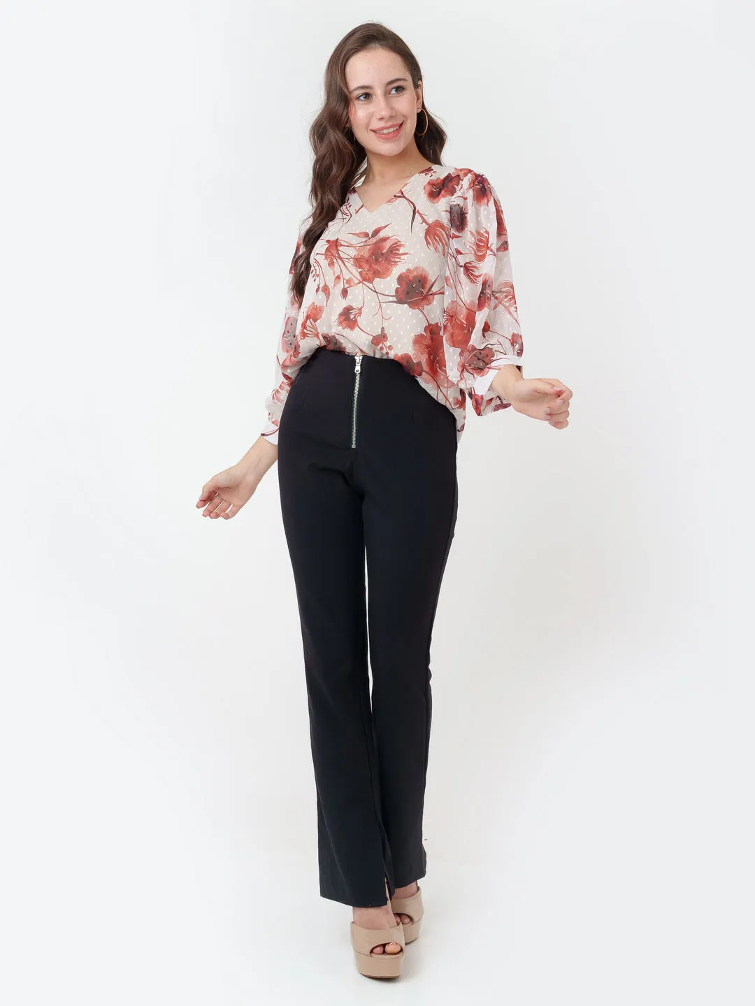 Off White Printed Puff Sleeve Top