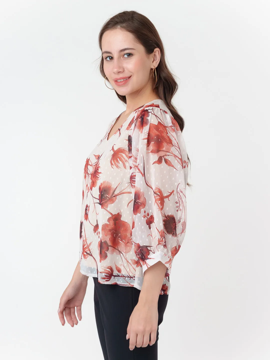 Off White Printed Puff Sleeve Top