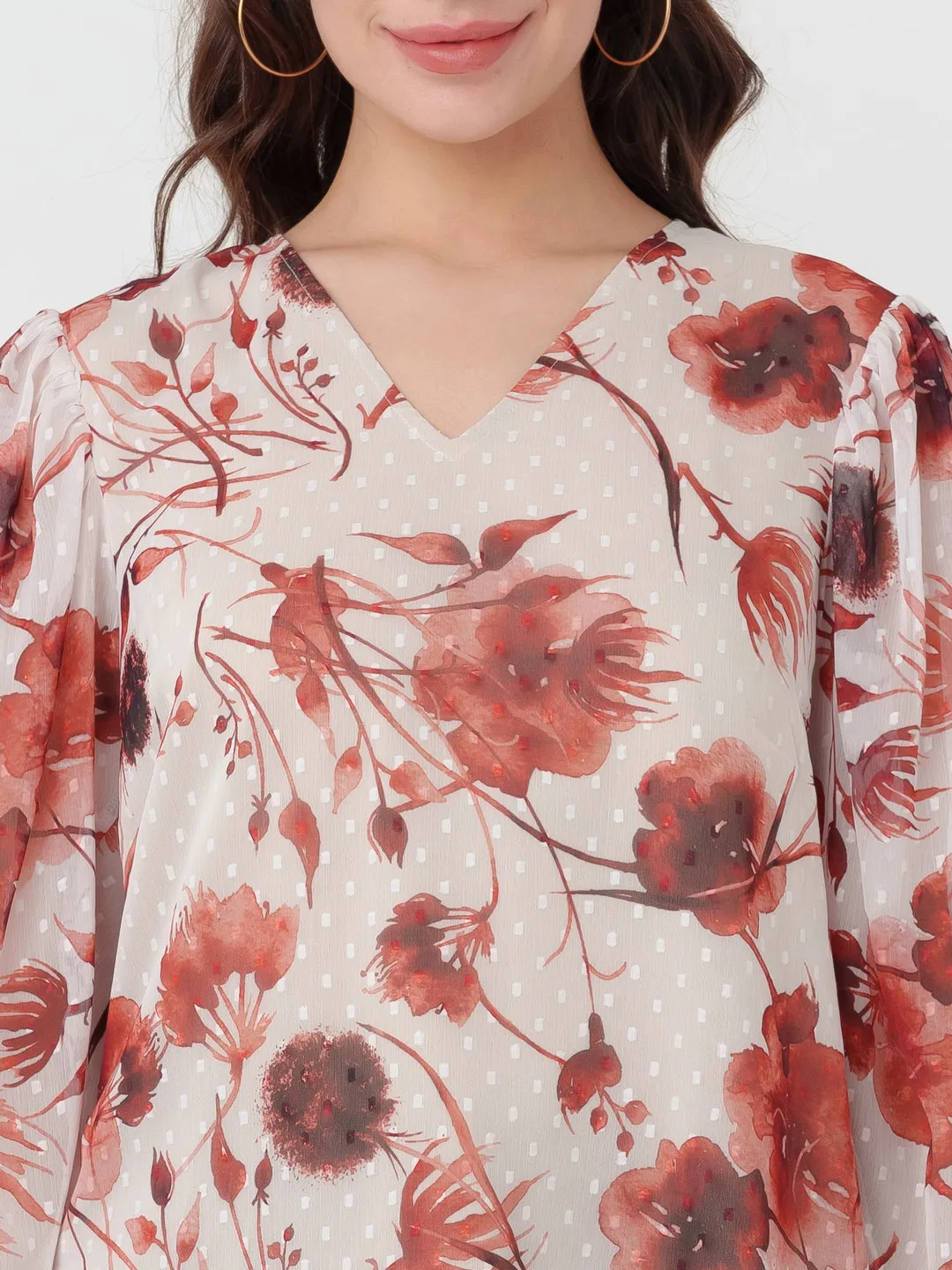 Off White Printed Puff Sleeve Top