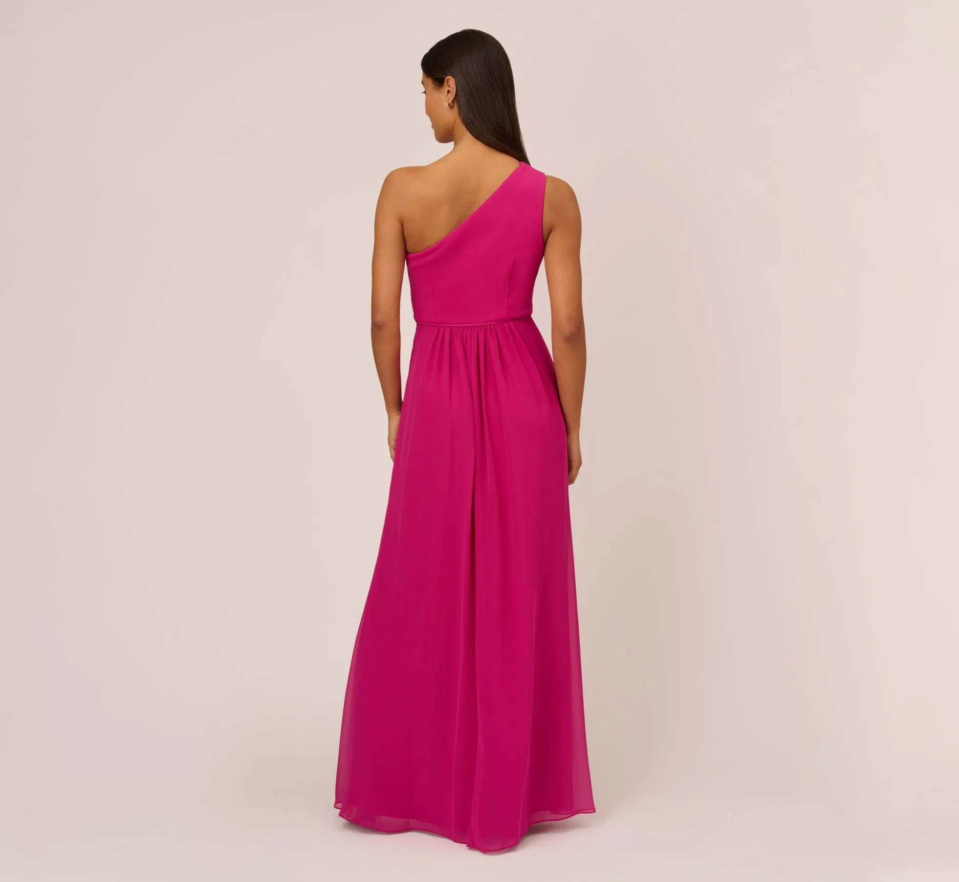 One-Shoulder Chiffon Long Gown In Bright Magenta