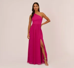 One-Shoulder Chiffon Long Gown In Bright Magenta
