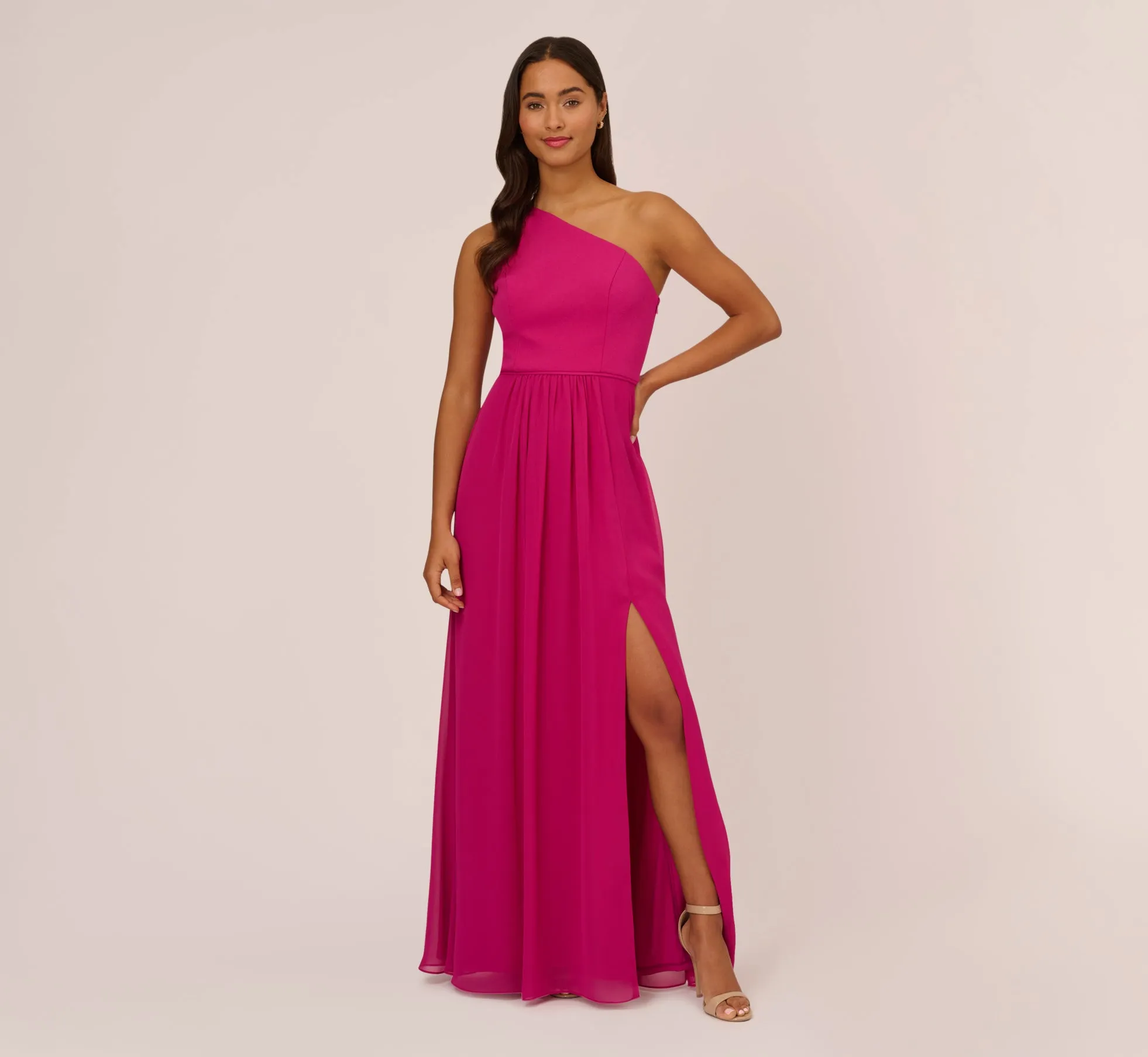 One-Shoulder Chiffon Long Gown In Bright Magenta