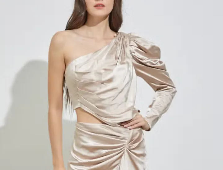 One Shoulder Puff Sleeve Ruched Top