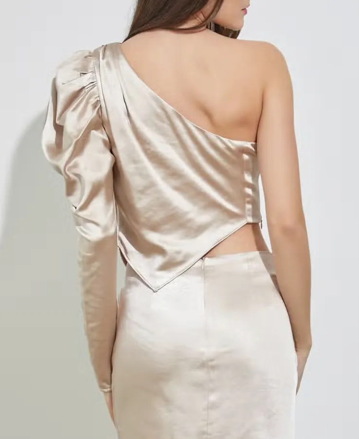 One Shoulder Puff Sleeve Ruched Top