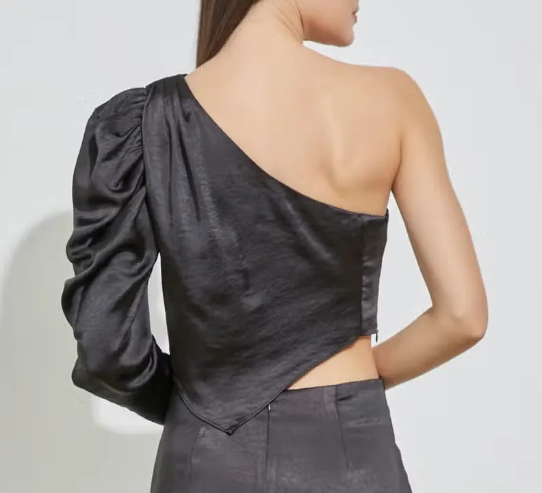 One Shoulder Puff Sleeve Ruched Top