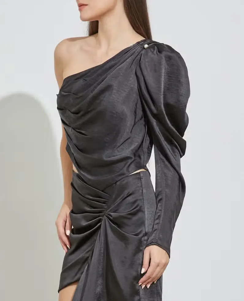 One Shoulder Puff Sleeve Ruched Top