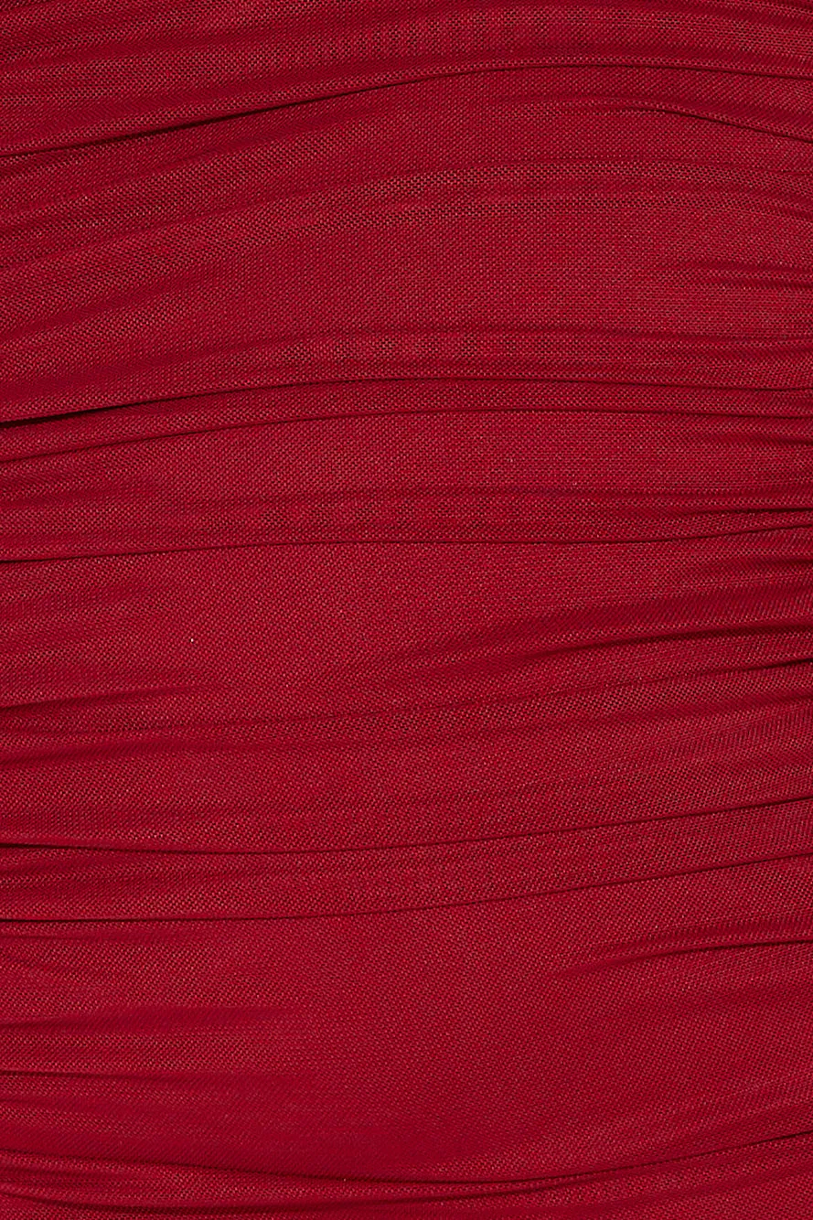 One Week Vacay Strapless Mesh Mini Dress Maroon