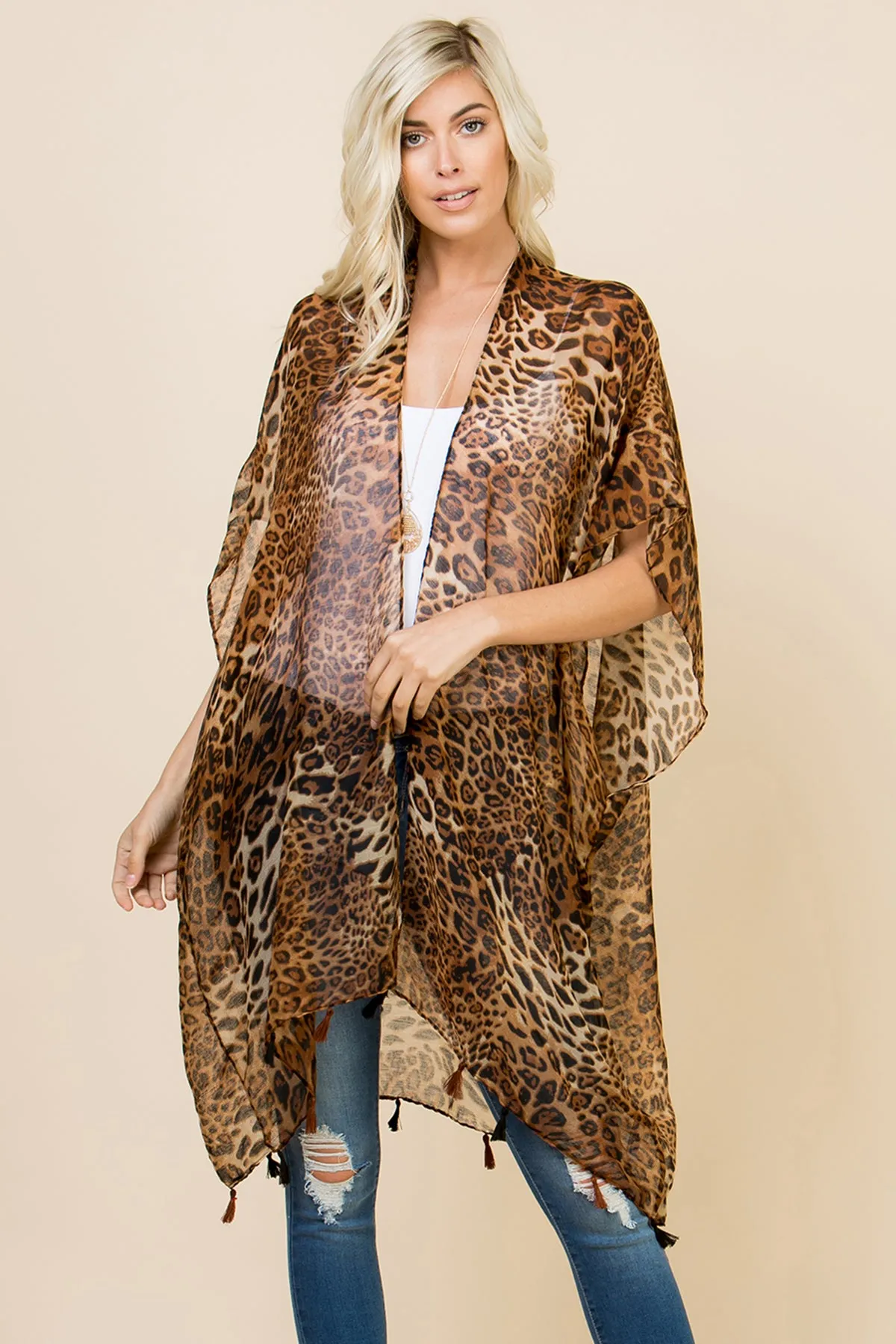 OPEN FRONT LEOPARD TASSEL CARDIGAN