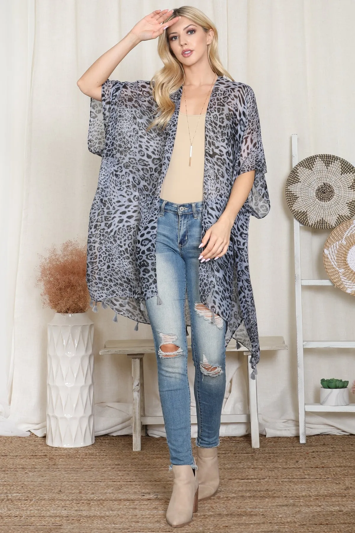 OPEN FRONT LEOPARD TASSEL CARDIGAN