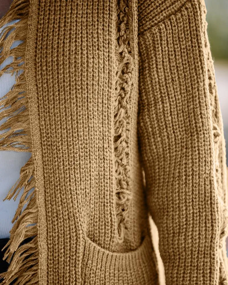 Open Front Tassel Design Knit Cardigan