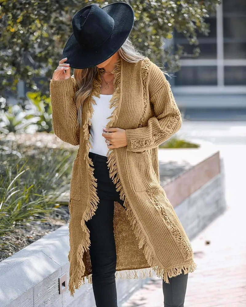 Open Front Tassel Design Knit Cardigan