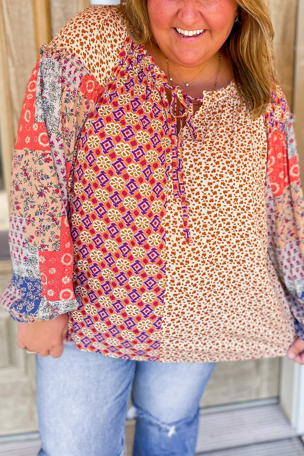 Orange Floral Geometric Patchwork Lace-up Crewneck Plus Size Blouse