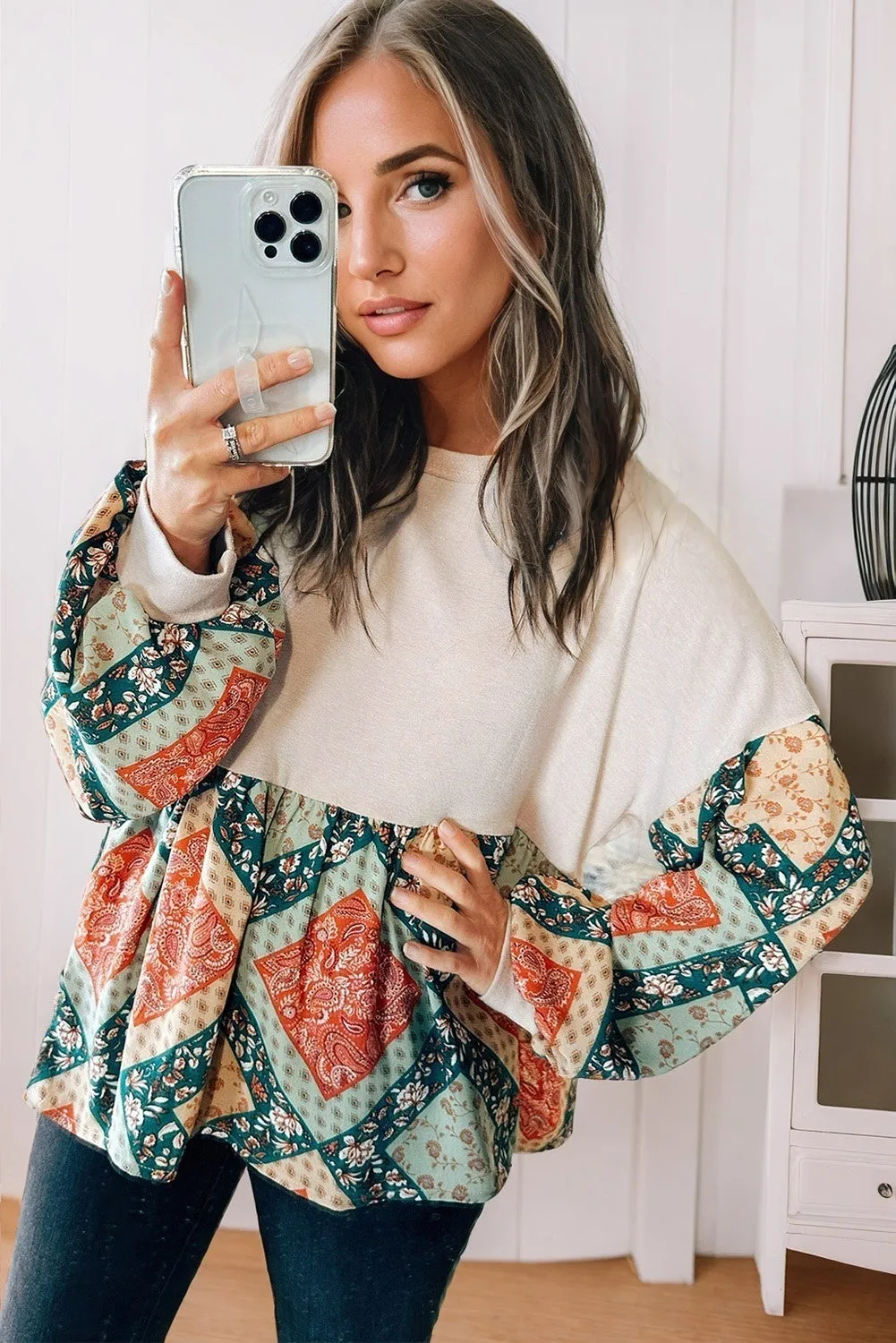 Paisley Geometric Patchwork Crew Neck Loose Blouse