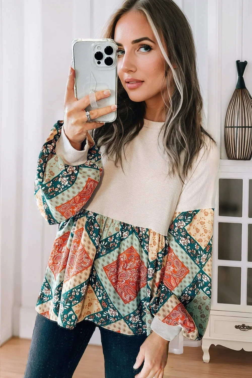 Paisley Geometric Patchwork Crew Neck Loose Blouse