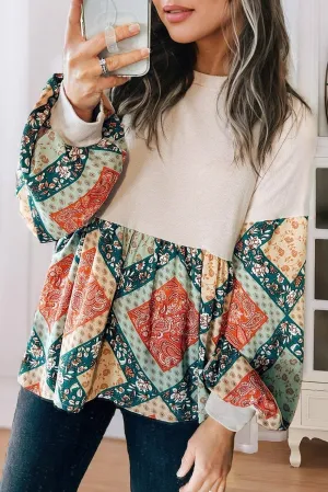 Paisley Geometric Patchwork Crew Neck Loose Blouse