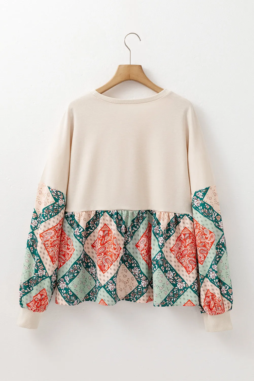 Paisley Geometric Patchwork Crew Neck Loose Blouse
