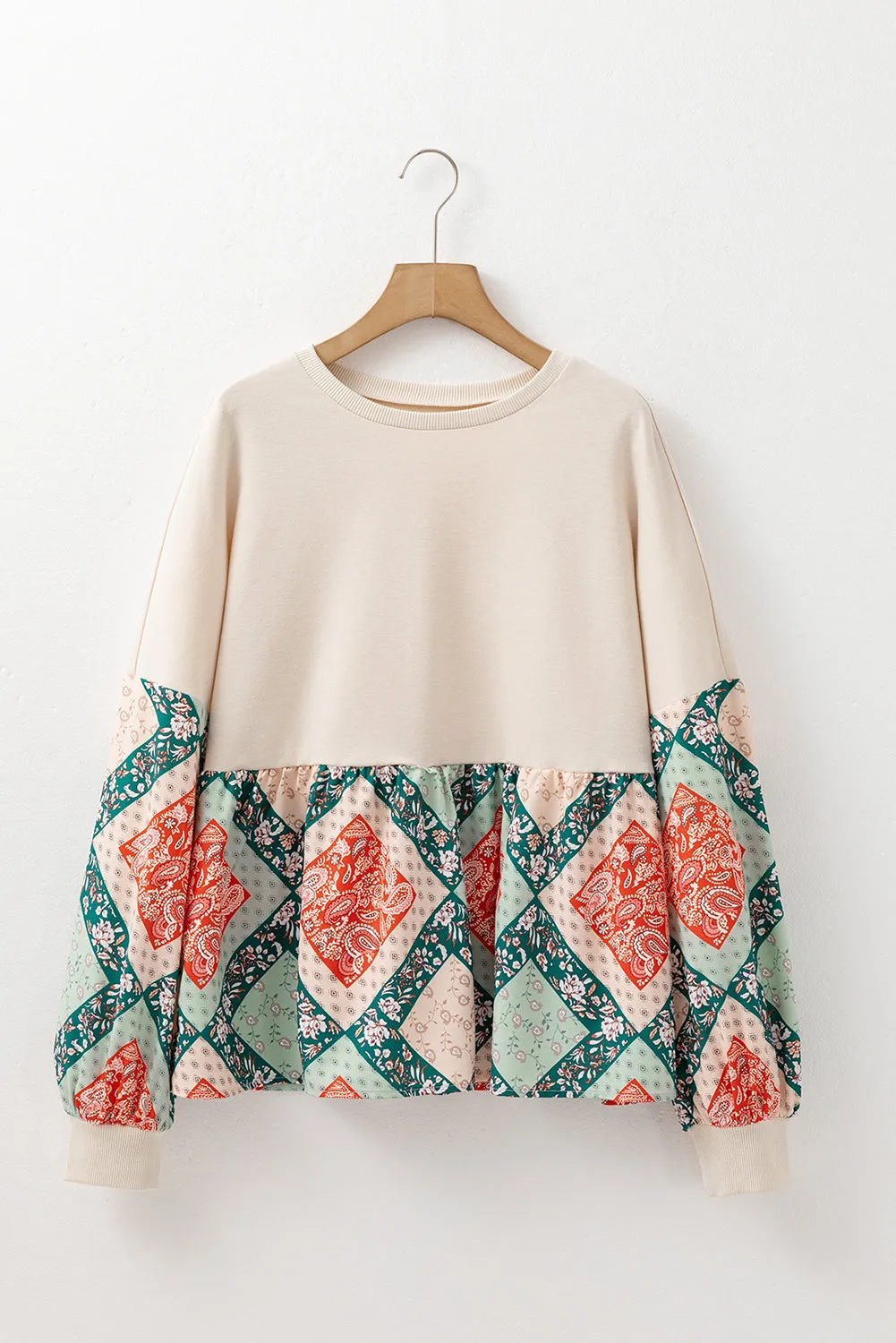 Paisley Geometric Patchwork Crew Neck Loose Blouse