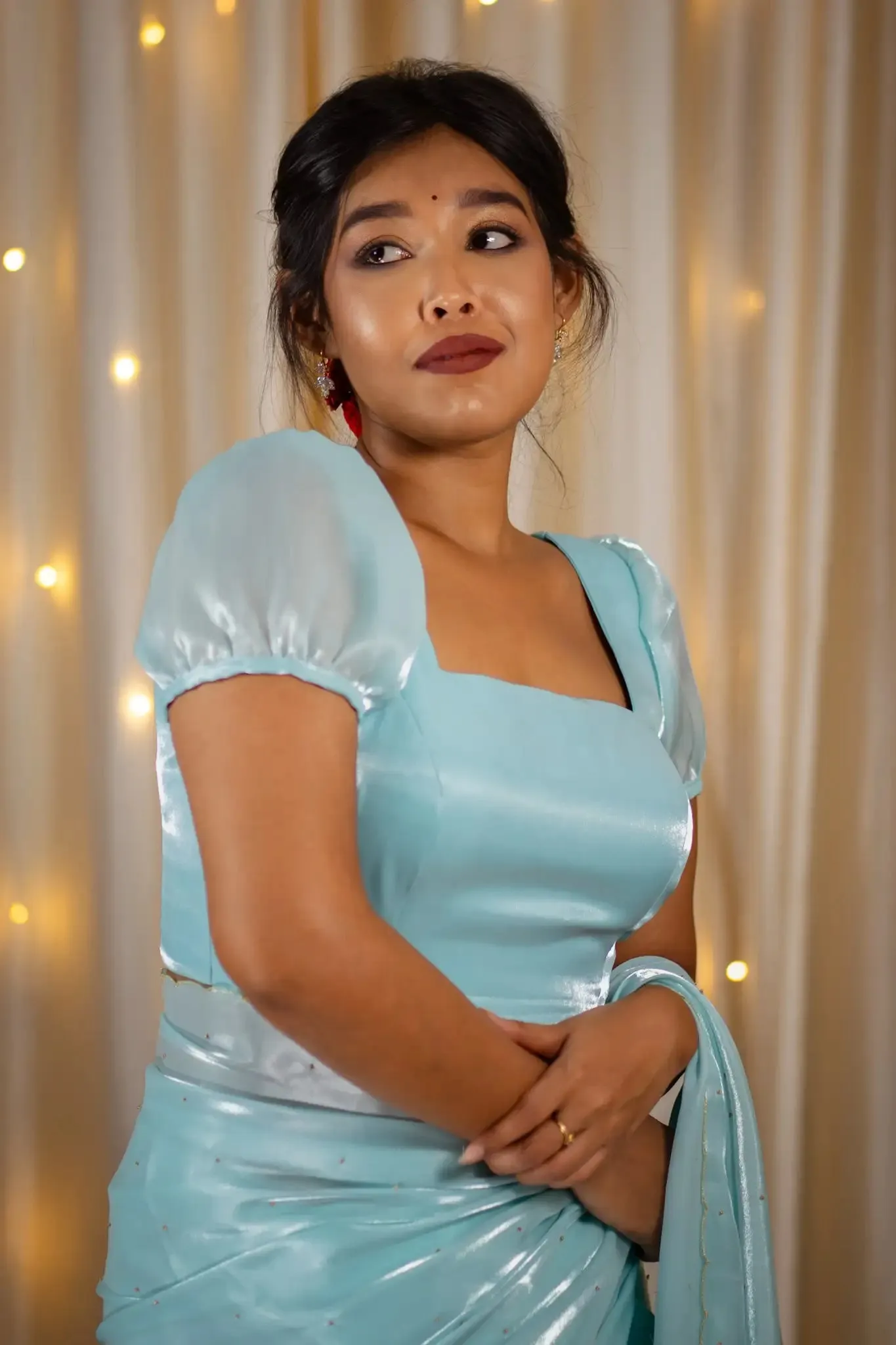 Pale Blue Organza Puff Sleeve Blouse