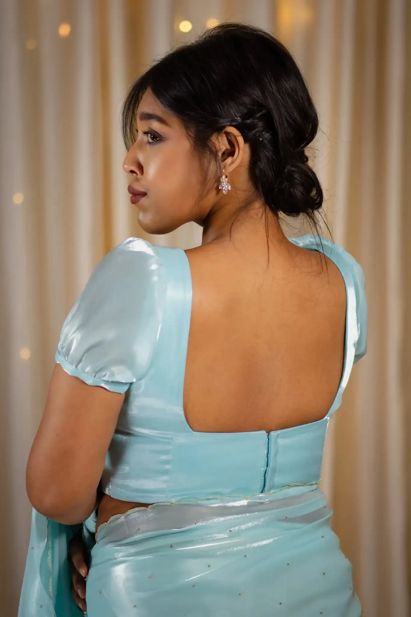 Pale Blue Organza Puff Sleeve Blouse