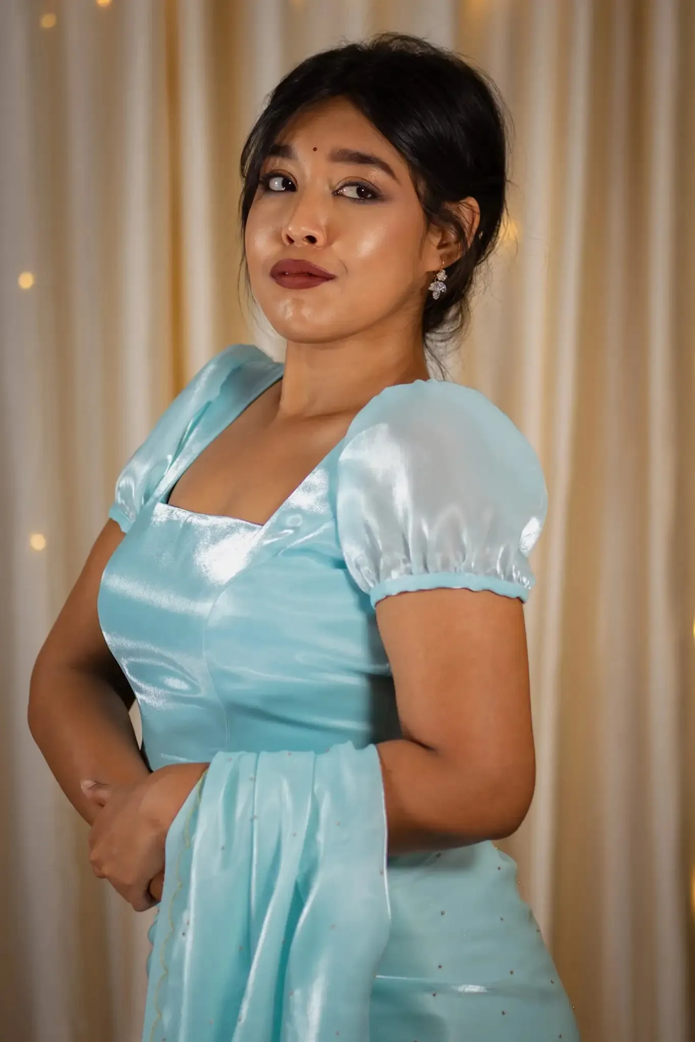 Pale Blue Organza Puff Sleeve Blouse