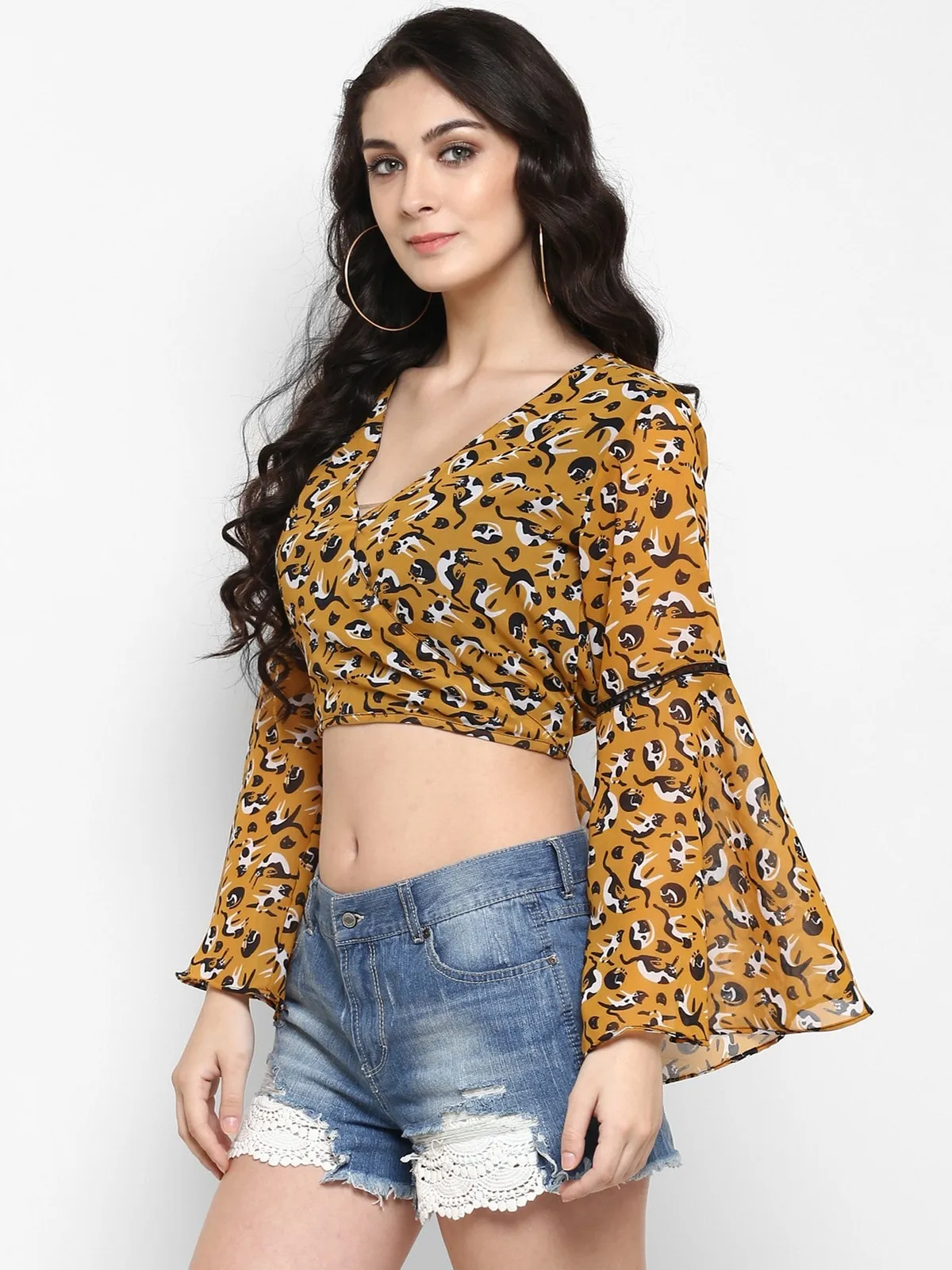 Pannkh Women's Printed Bell Sleeves Crop Top