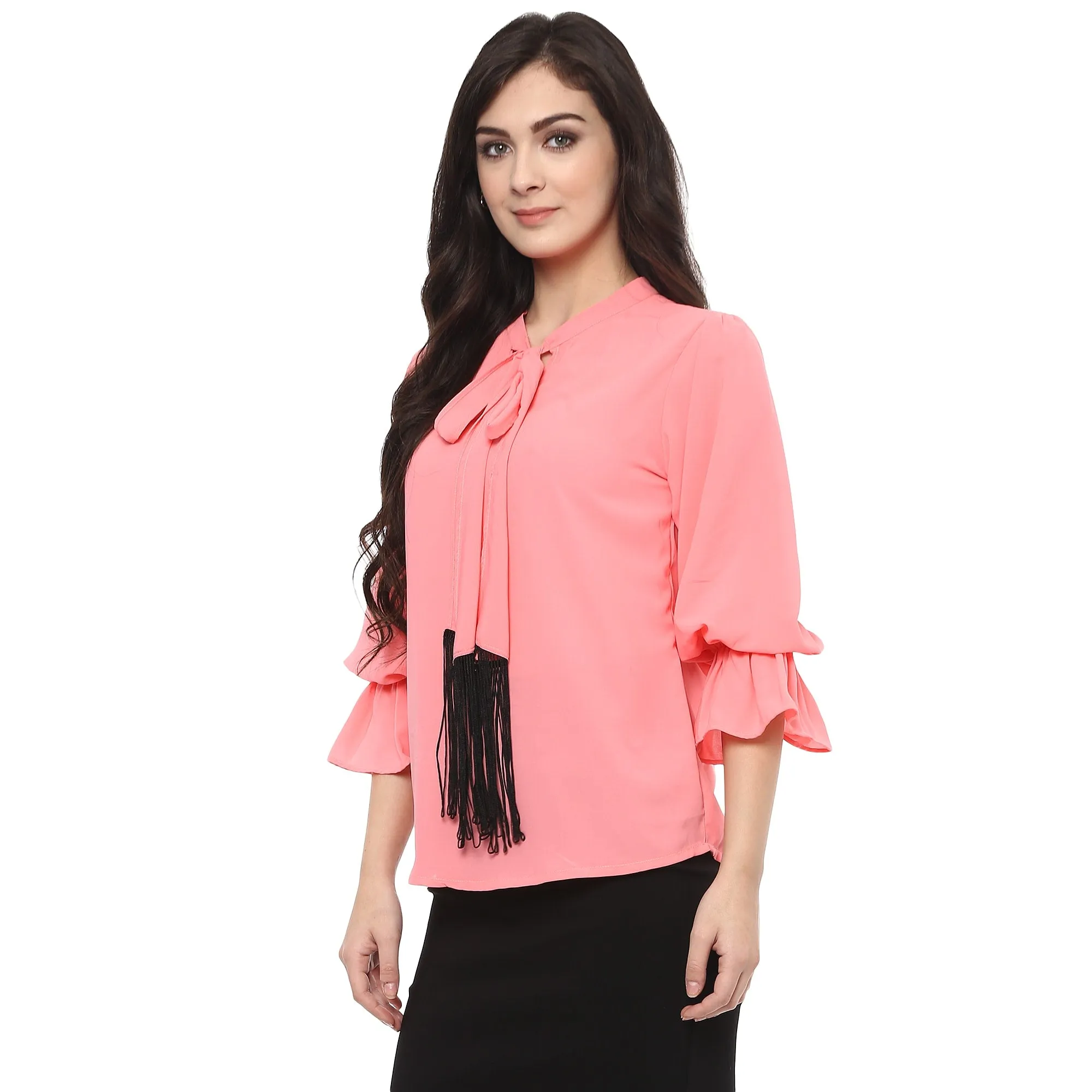 Pannkh Women's Solid Tie-Up Top With Fringes