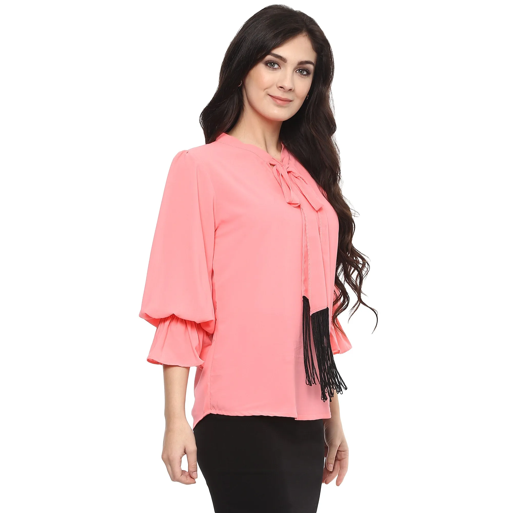 Pannkh Women's Solid Tie-Up Top With Fringes
