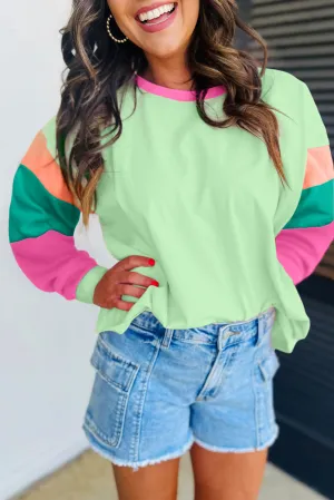 Pastel Green Colorblock Patchwork Long Sleeve Loose Shirt