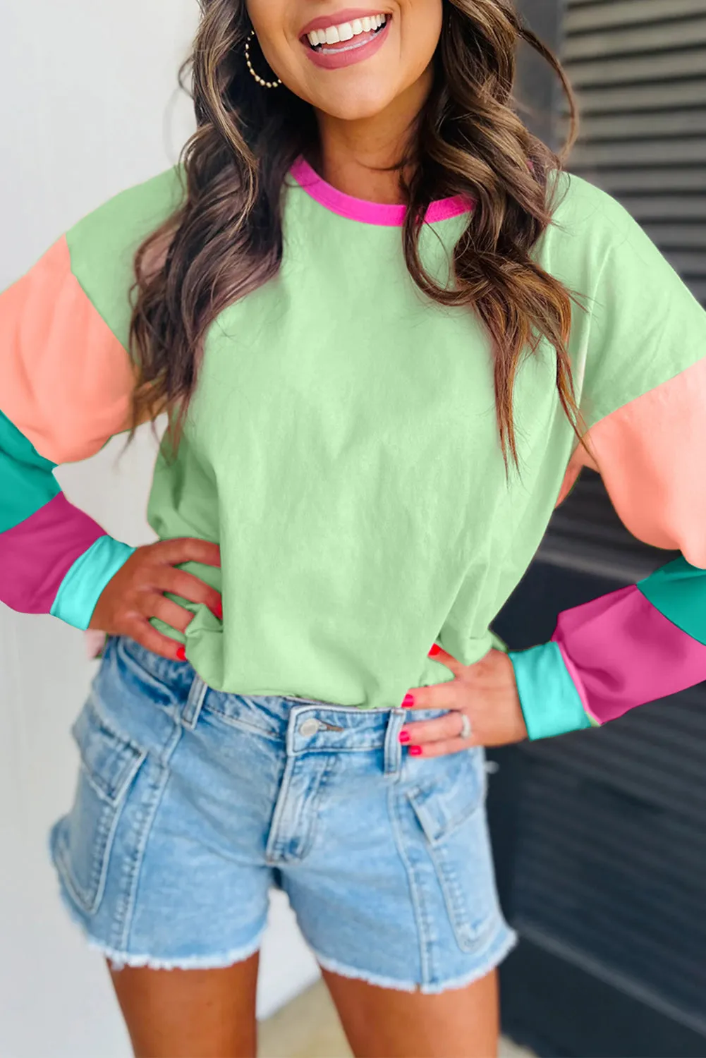 Pastel Green Colorblock Patchwork Long Sleeve Loose Shirt