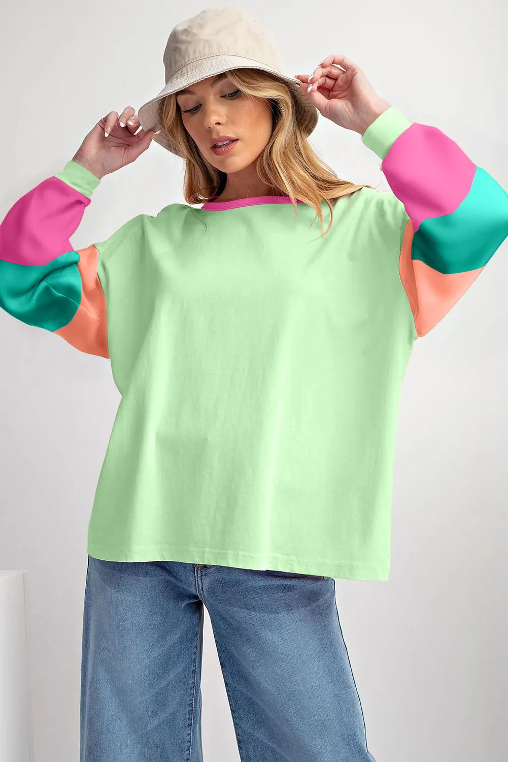 Pastel Green Colorblock Patchwork Long Sleeve Loose Shirt