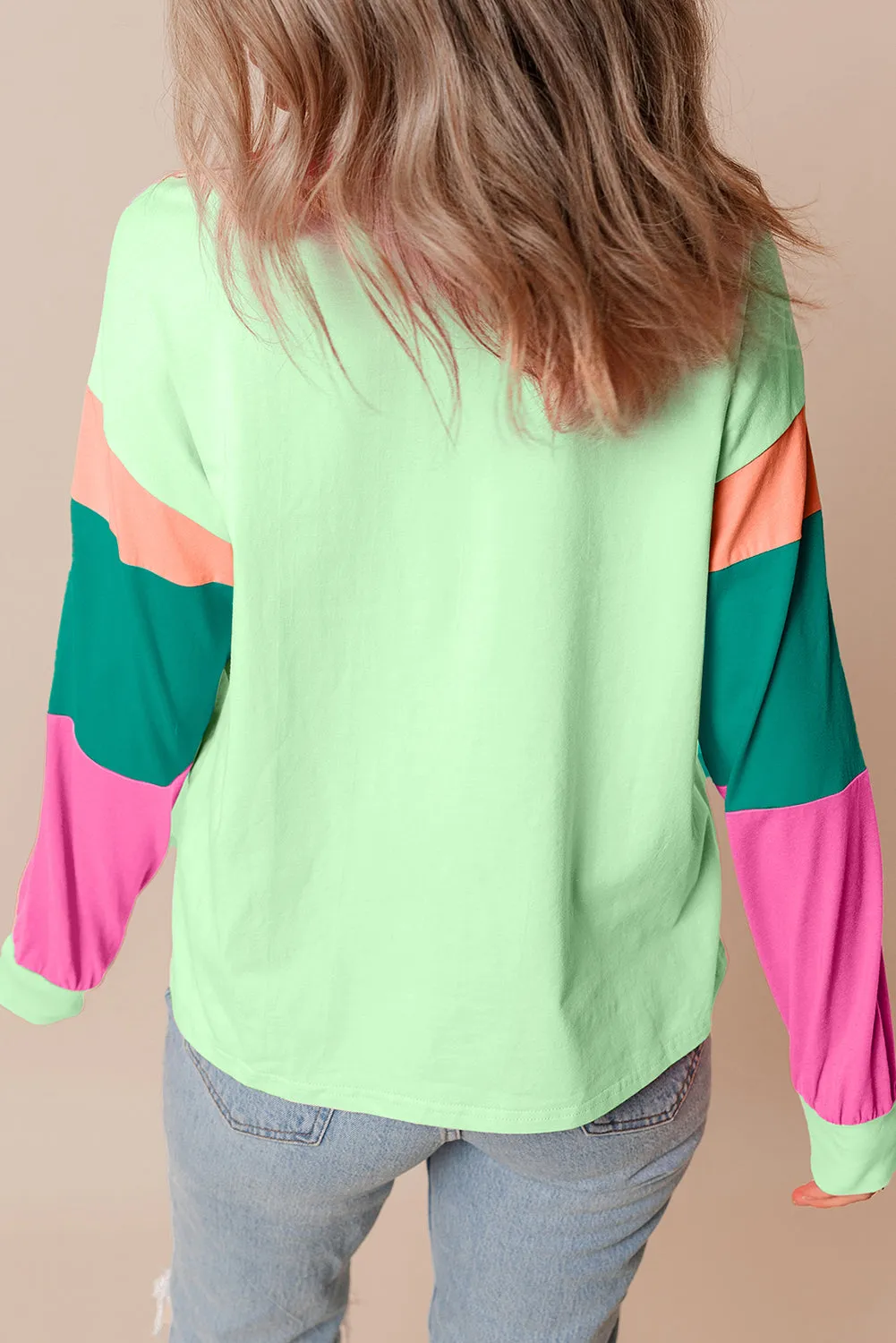 Pastel Green Colorblock Patchwork Long Sleeve Loose Shirt