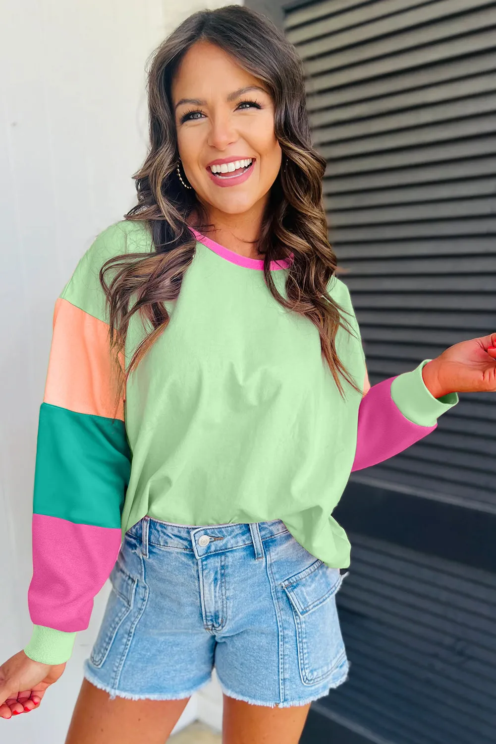 Pastel Green Colorblock Patchwork Long Sleeve Loose Shirt