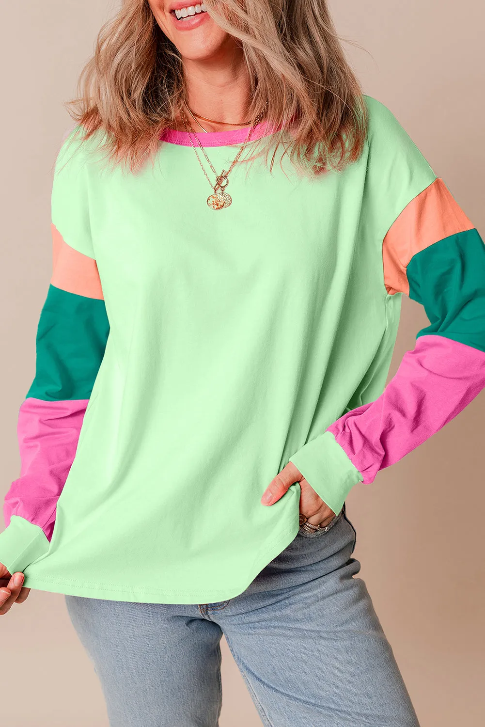 Pastel Green Colorblock Patchwork Long Sleeve Loose Shirt