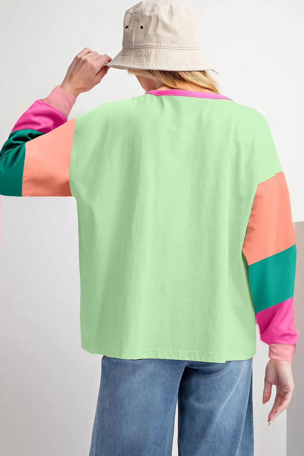 Pastel Green Colorblock Patchwork Long Sleeve Loose Shirt