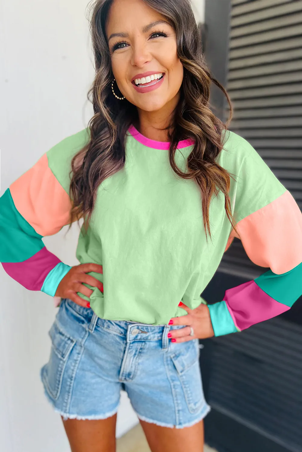 Pastel Green Colorblock Patchwork Long Sleeve Loose Shirt