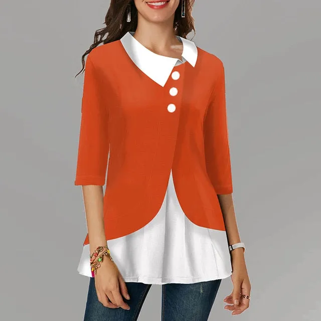 Patchwork Plus Size Women Blouse Turn Down Collar Three Quarter Cotton Womens Tops And Blouses Irregular 2020 Spring Tunic