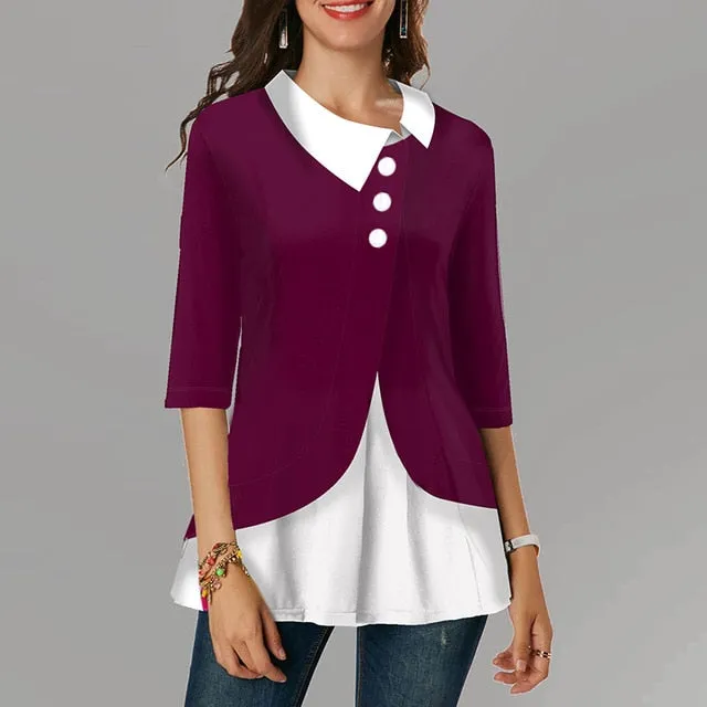 Patchwork Plus Size Women Blouse Turn Down Collar Three Quarter Cotton Womens Tops And Blouses Irregular 2020 Spring Tunic