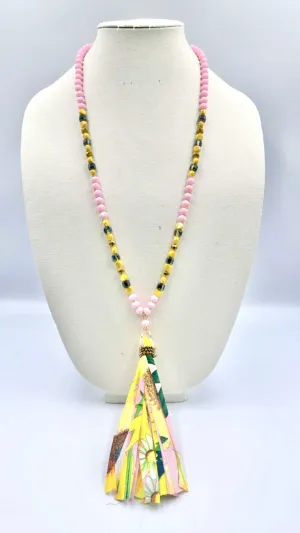 Pink crystal necklace with flower tassel