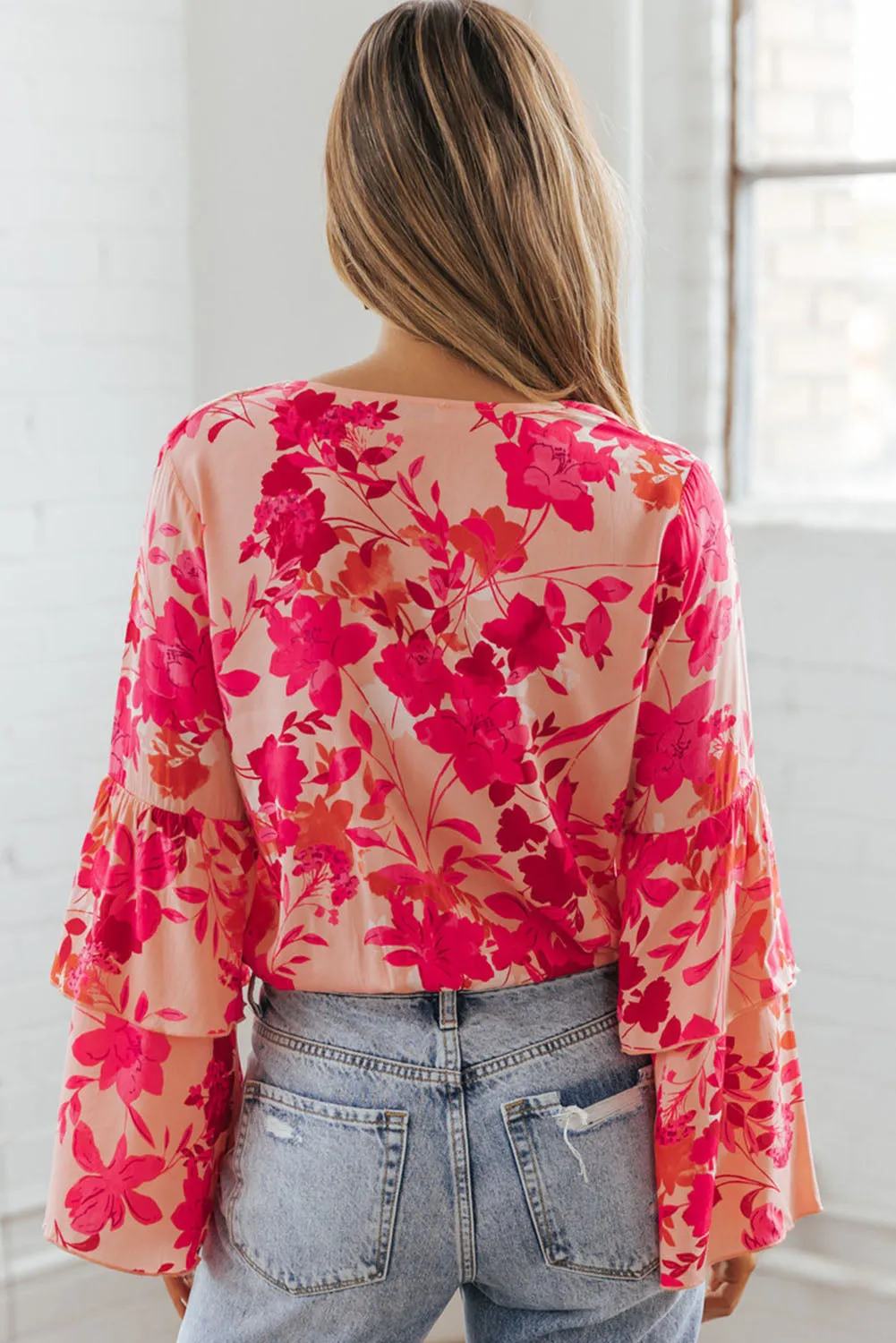 Pink Floral Double Bell Long Sleeve Buttoned Bodysuit