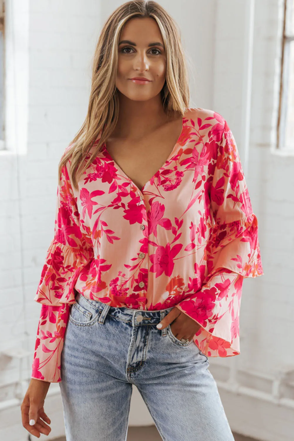 Pink Floral Double Bell Long Sleeve Buttoned Bodysuit