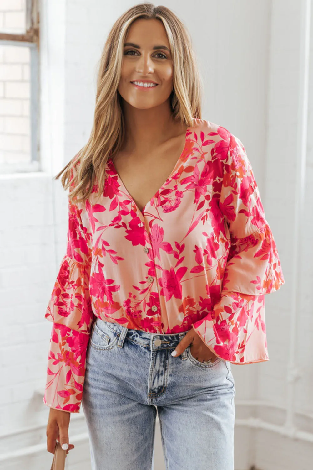 Pink Floral Double Bell Long Sleeve Buttoned Bodysuit